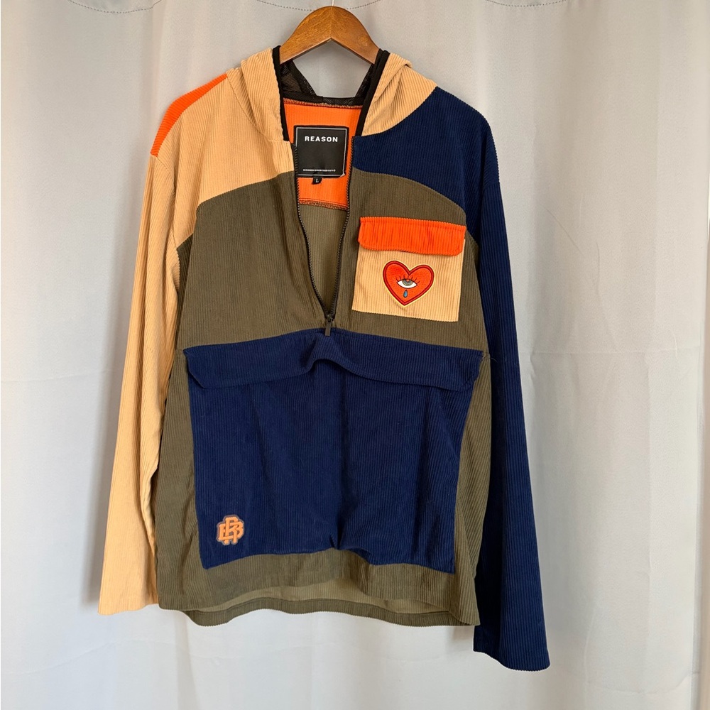 Reason Colorblock Zip-Up Hoodie in Navy, Olive, Beige, and Orange - Picture 2 of 3